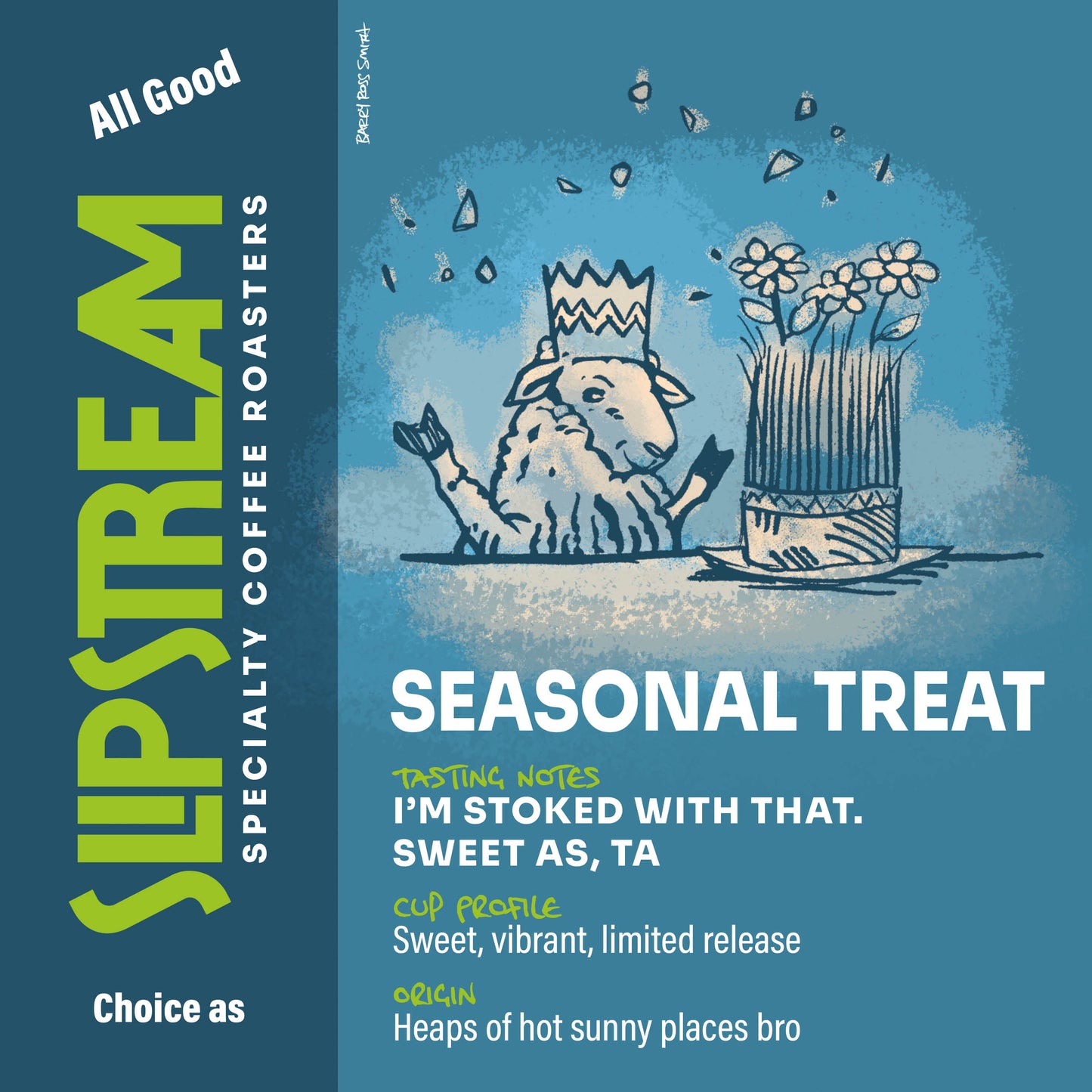 Seasonal Treat. Sheep at a surprise party, sitting at a table with a grass cake decorated with flowers.