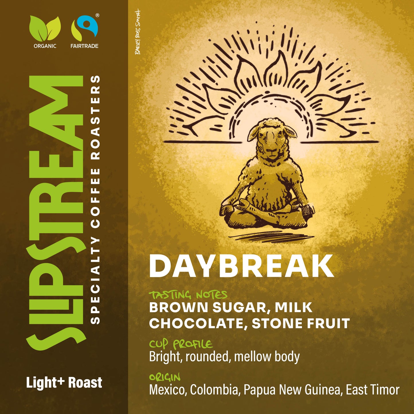 Daybreak Coffee Blend. Sheep in a yoga lotus pose, hovering above a mat, calm and balanced.