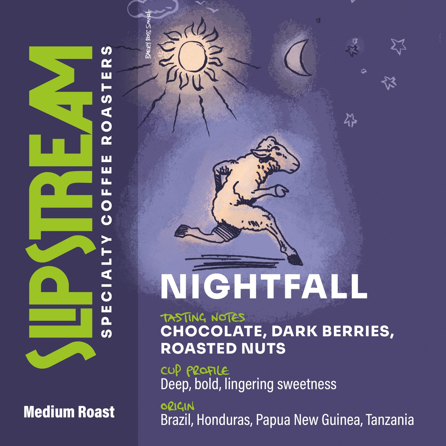 Nightfall. Cartoon sheep running on two legs, looking lively and energetic.