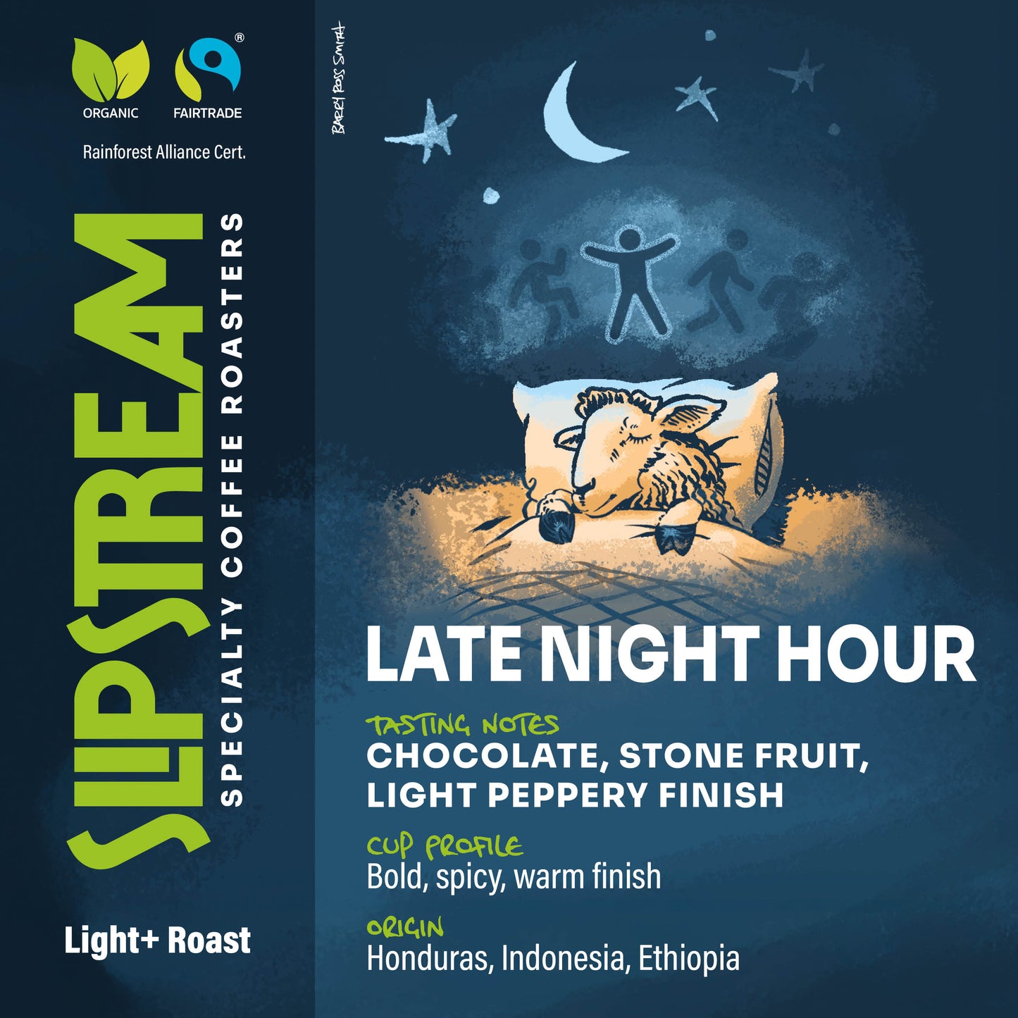 Late Night Hour Decaf. Sheep in bed, counting people, dreamy cloudy background above heads.