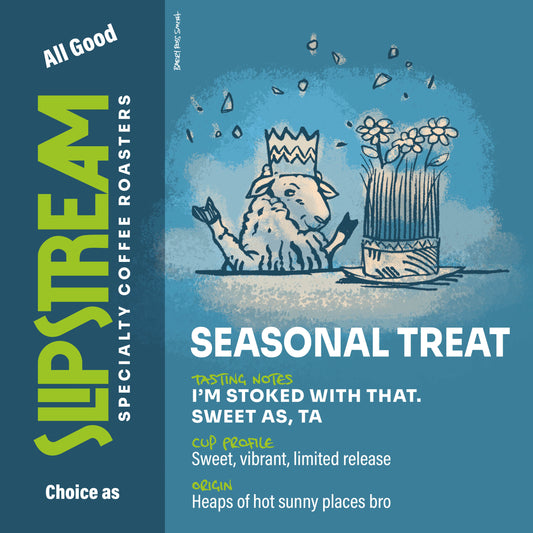 Seasonal Treat.  Sheep at a surprise party, sitting at a table with a grass cake decorated with flowers.