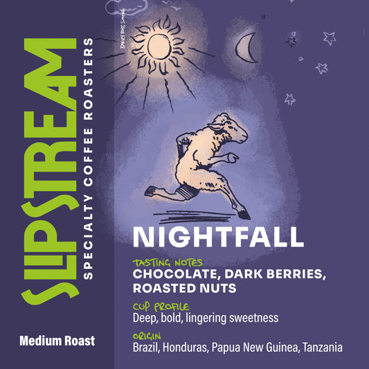 Nightfall.  Cartoon sheep running on two legs, looking lively and energetic.