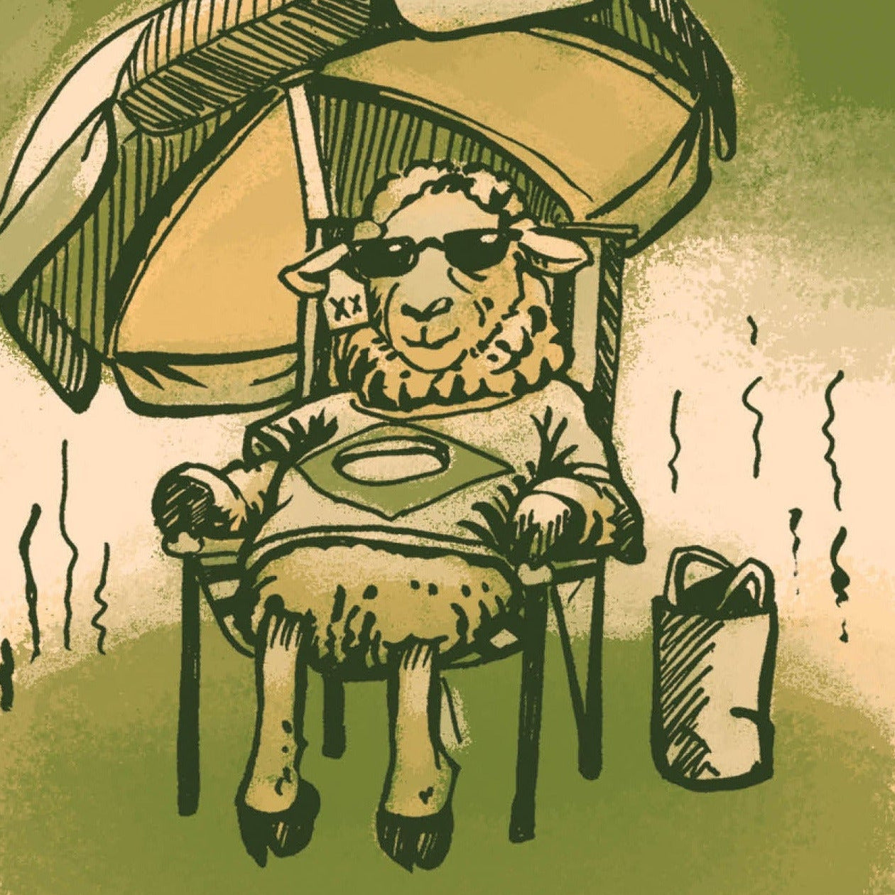 Jandals on, worries off. Sheep lounging in a deck chair at the beach, wearing sunglasses, with umbrella and heat rising from sand.