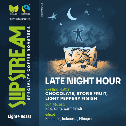 Late Night Hour Decaf.  Sheep in bed, counting people, dreamy cloudy background above heads.